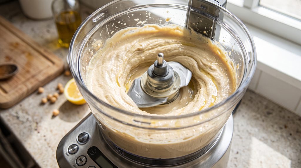 Food processor blending pale smooth creamy hummus on a kitchen counter.