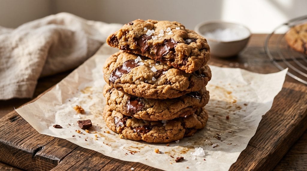 Brown Butter Chocolate Chip Cookies: Easy 5-Star Recipe 2 Brown butter chocolate chip cookies with flaky sea salt and molten chocolate pools on a wooden board