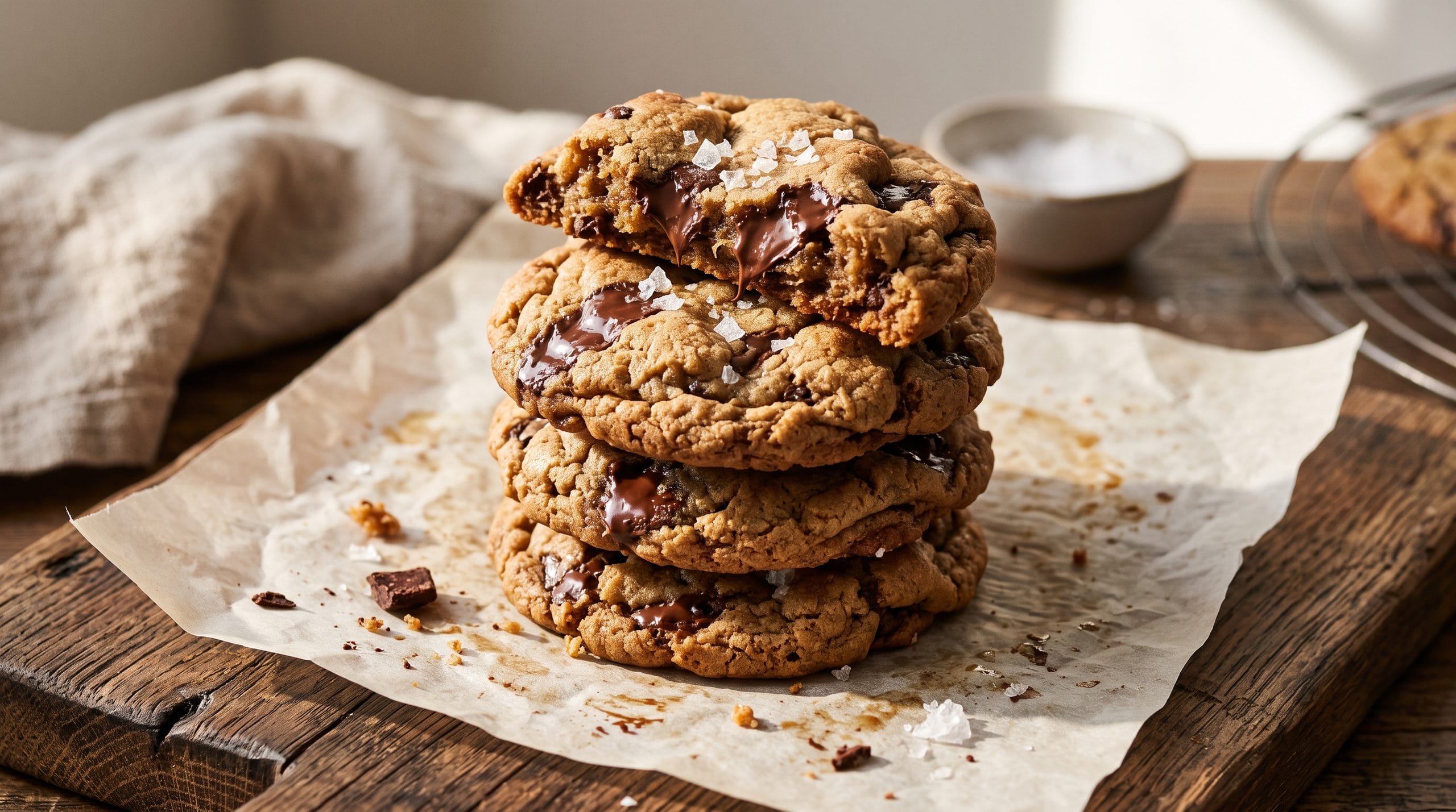 Brown butter chocolate chip cookies with flaky sea salt and molten chocolate pools on a wooden board
