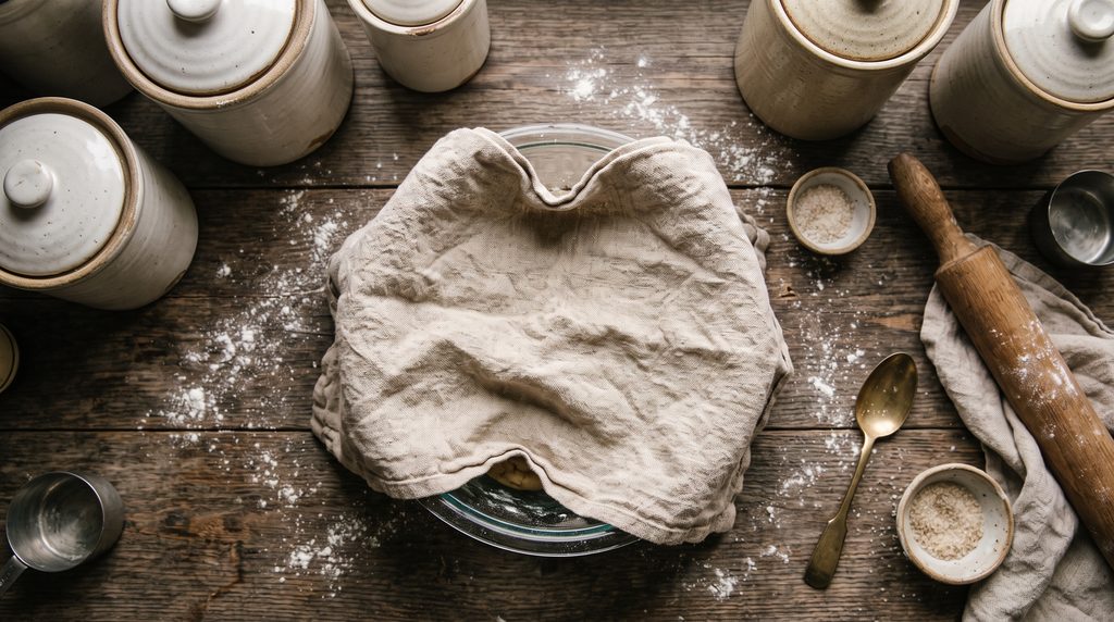 Brown Butter Chocolate Chip Cookies: Easy 5-Star Recipe 6 Cookie dough chilling in a glass bowl covered with linen cloth on a flour-dusted counter.