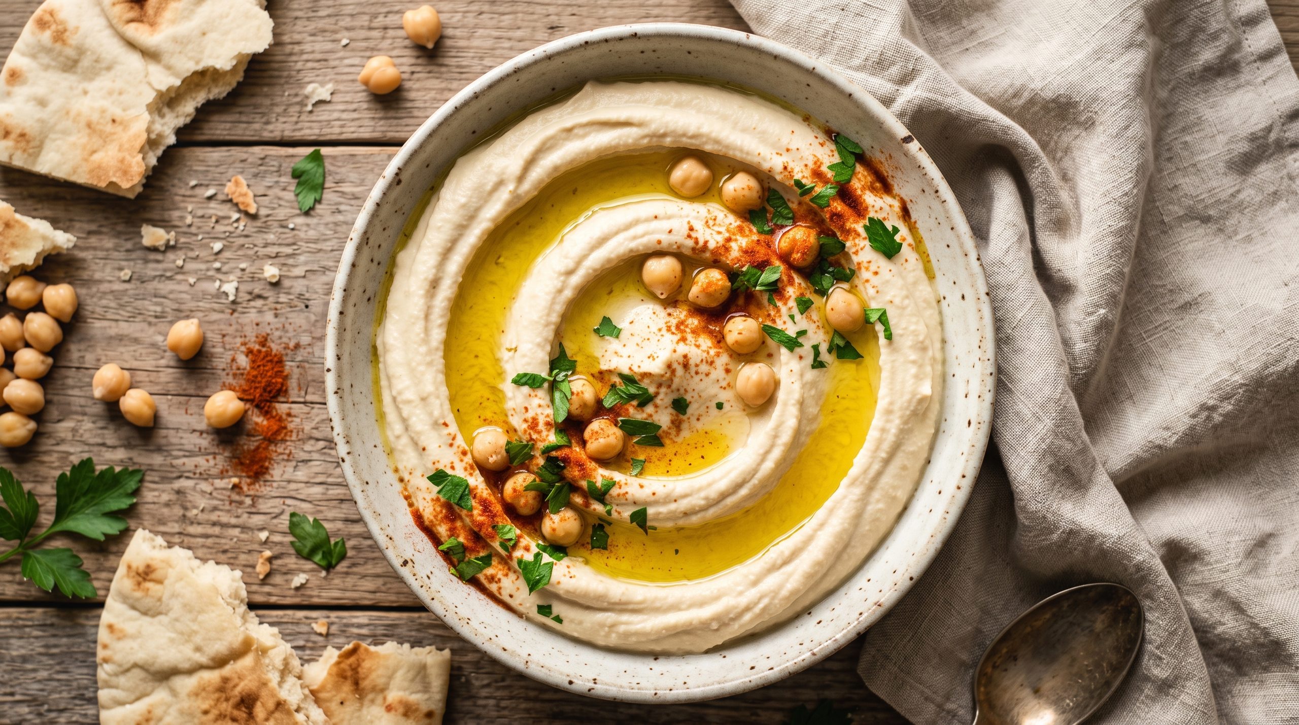 Creamiest hummus recipe in a ceramic bowl with olive oil swirl and paprika
