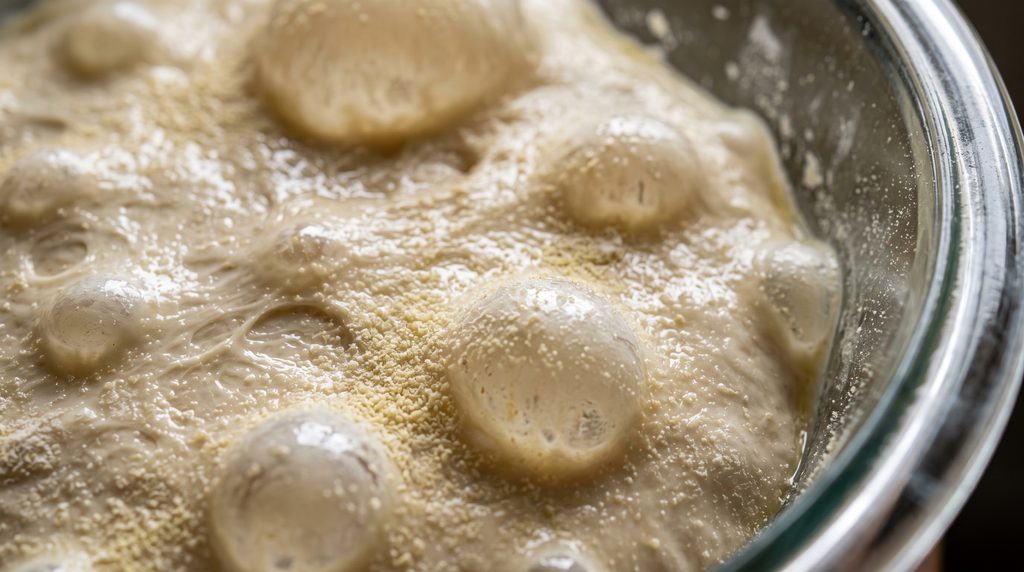 Macro shot of risen pizza dough in a glass bowl showing large air bubbles beneath the surface.