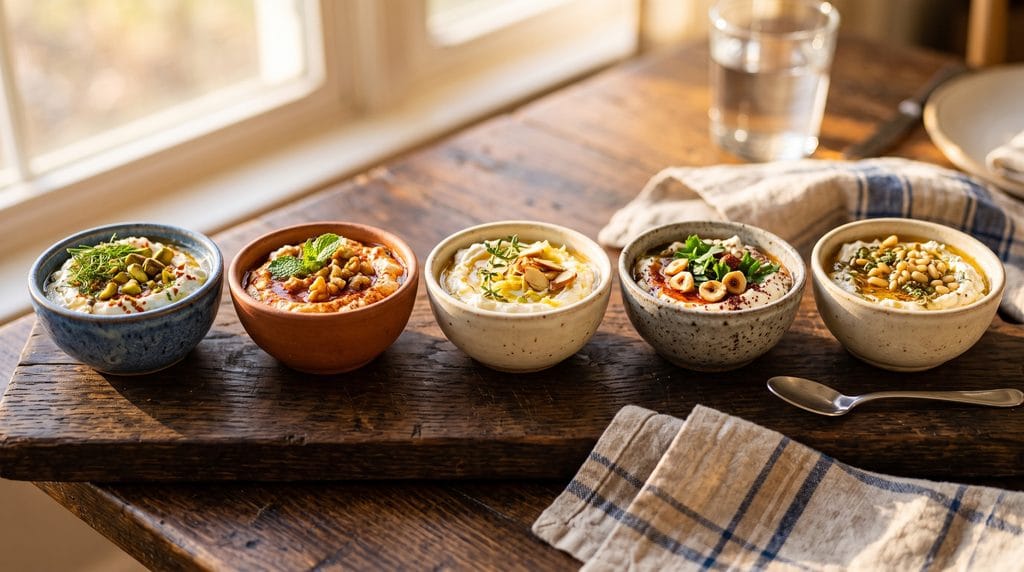 Five small bowls of whipped feta dip variations with hot honey, chili oil, and herbs on a board.