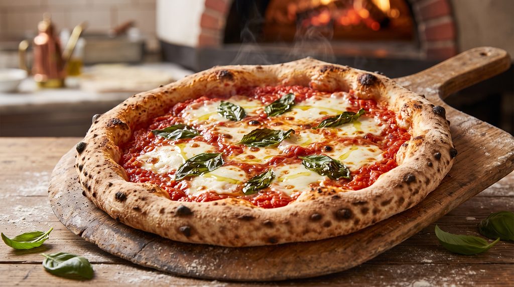 Freshly baked pizza with puffy charred crust and melted mozzarella on a wooden pizza peel.
