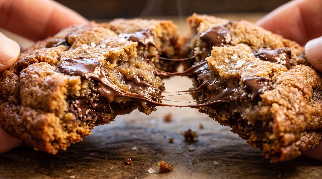 Brown Butter Chocolate Chip Cookies: Easy 5-Star Recipe 7 Warm brown butter chocolate chip cookie torn in half showing gooey underbaked center and melted chocolate.
