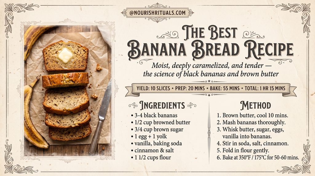 Best Banana Bread Recipe: Easy 5-Step Brown Butter Loaf 5 Best banana bread recipe card in vintage grandmacore style showing brown butter instructions
