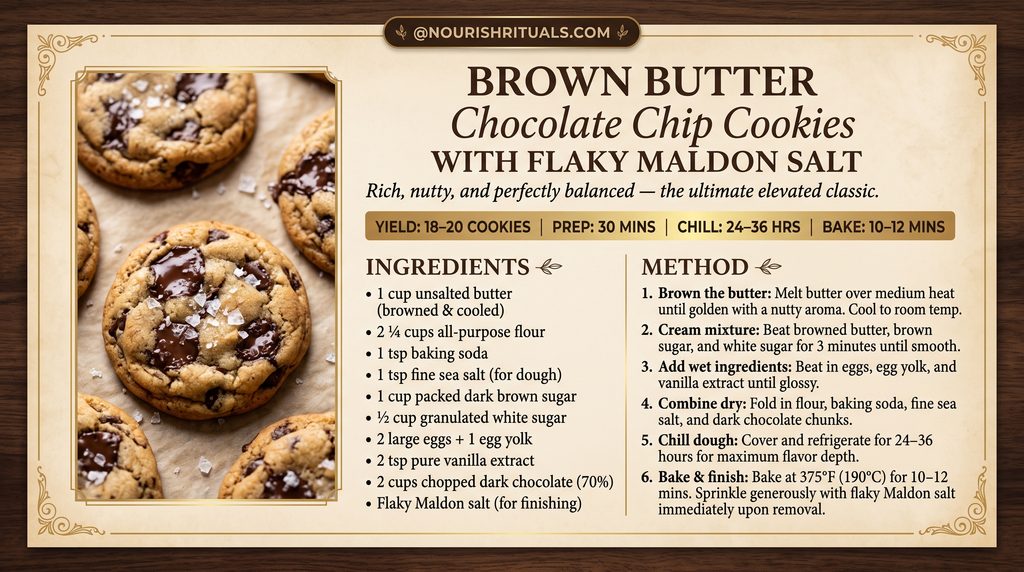 Brown Butter Chocolate Chip Cookies: Easy 5-Star Recipe 5 Brown butter chocolate chip cookies recipe card in vintage grandmacore style showing 5-step method