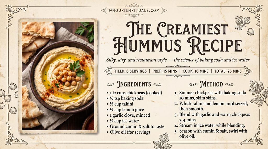 Creamiest hummus recipe card in vintage grandmacore style showing baking soda and ice water method