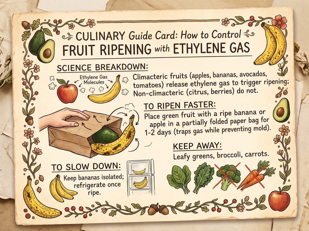 Fruit ripening ethylene guide card in vintage grandmacore style showing climacteric produce rules