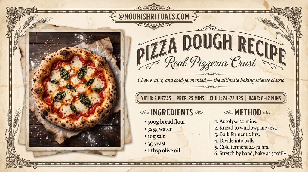 Homemade pizza dough recipe card in vintage grandmacore style showing ingredients and method