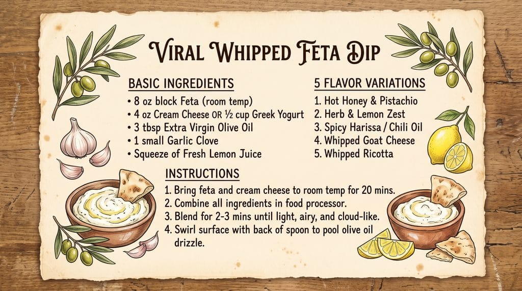 Whipped feta dip recipe card in vintage grandmacore style showing 5 flavor variations
