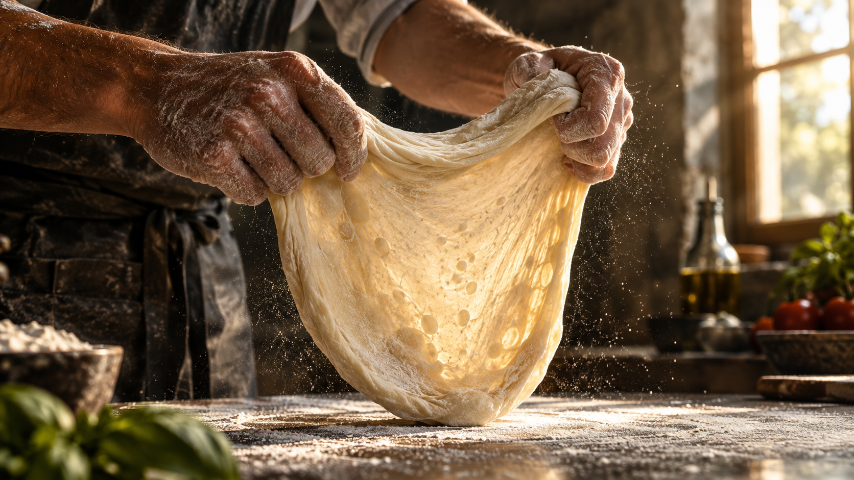Homemade pizza dough recipe showing hands stretching dough with visible fermentation bubbles and flour