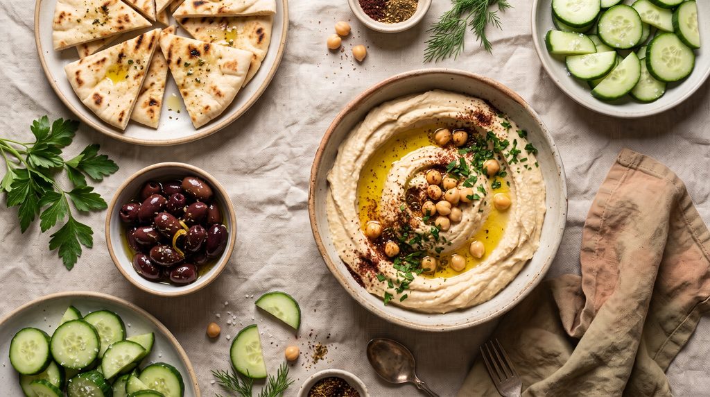 Overhead flat lay of a hummus bowl surrounded by warm pita wedges, cucumbers, and olives on linen.