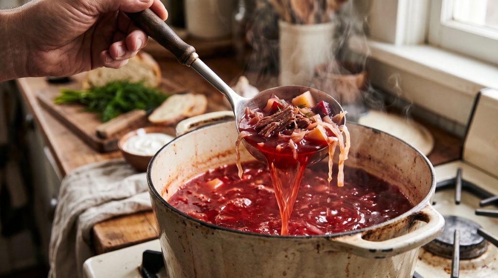 Ladle scooping deep ruby red borscht broth with cabbage and beef from an enamel pot