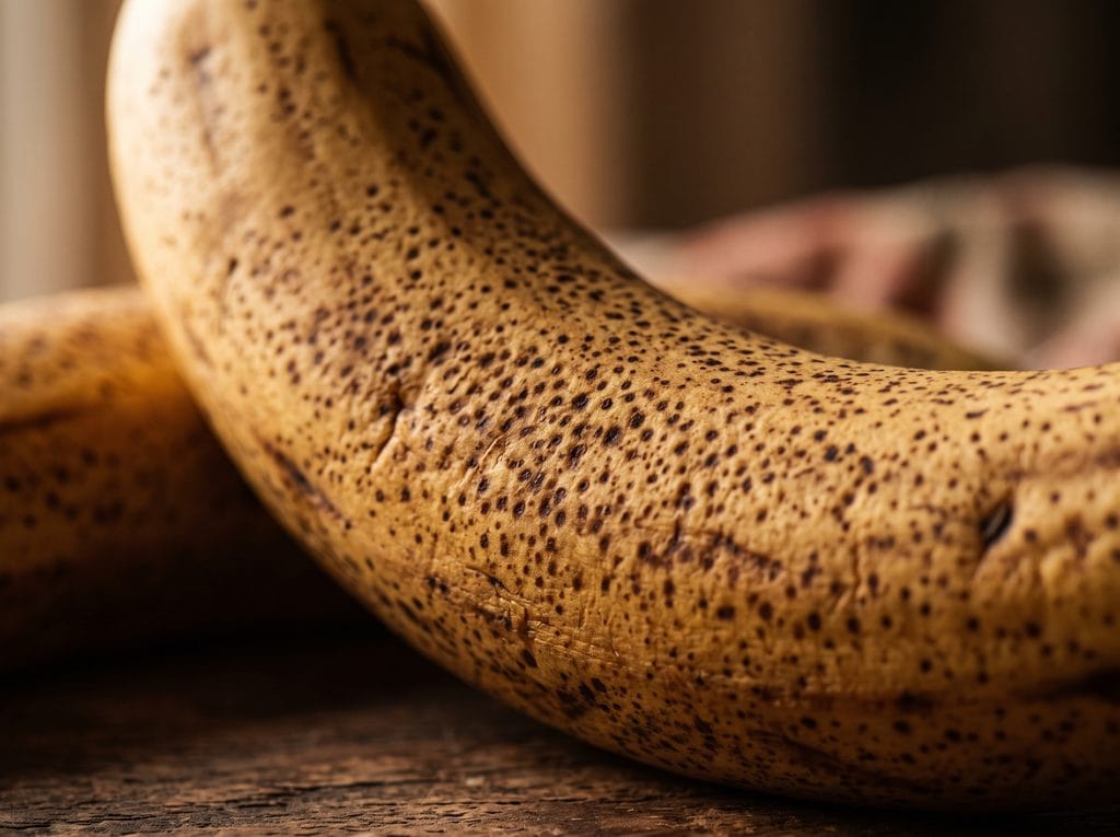 Close-up macro shot of banana peel speckles illustrating the natural ethylene ripening process.
