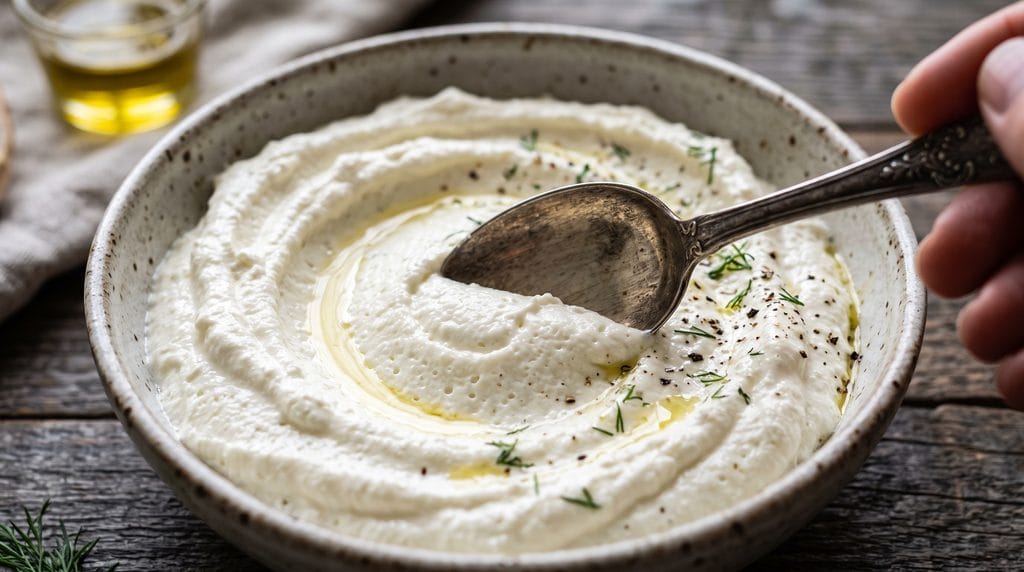 Close-up macro shot of whipped feta dip showing airy mousse-like swirl texture from a spoon.