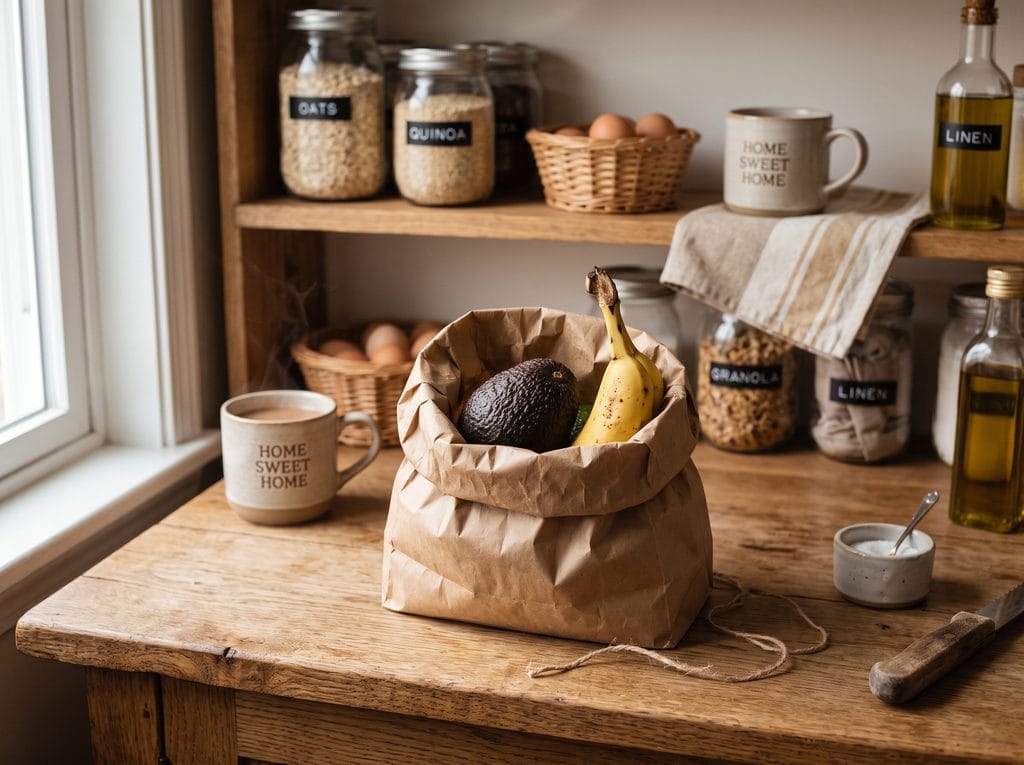 Partially open brown paper bag on a counter containing a banana and avocado to trap ethylene gas.