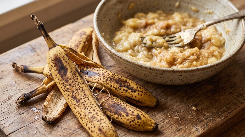 Best Banana Bread Recipe: Easy 5-Step Brown Butter Loaf 3 Close-up of heavily speckled ripe bananas next to a bowl of mashed banana on a wooden counter.