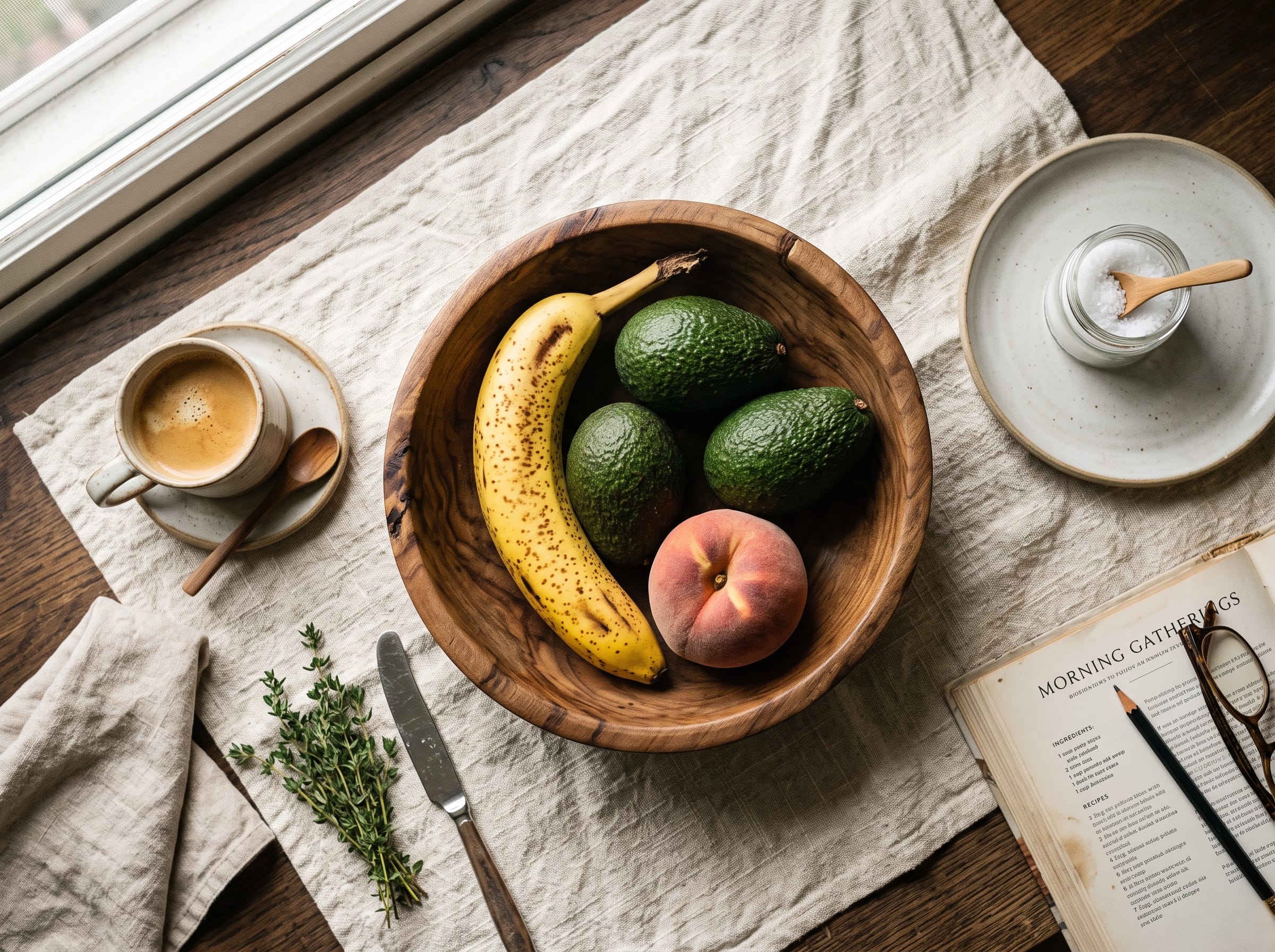 Ripen fruit with bananas guide showing ripe banana next to avocados in a wooden bowl