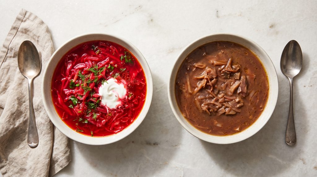 Side-by-side comparison of bright ruby red borscht versus dull brown overboiled beet soup