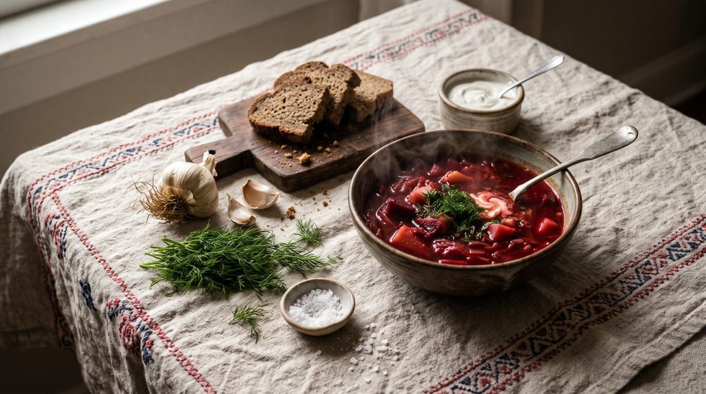 Rustic wooden table set with a bowl of red borscht, sour cream, rye bread, and fresh garlic