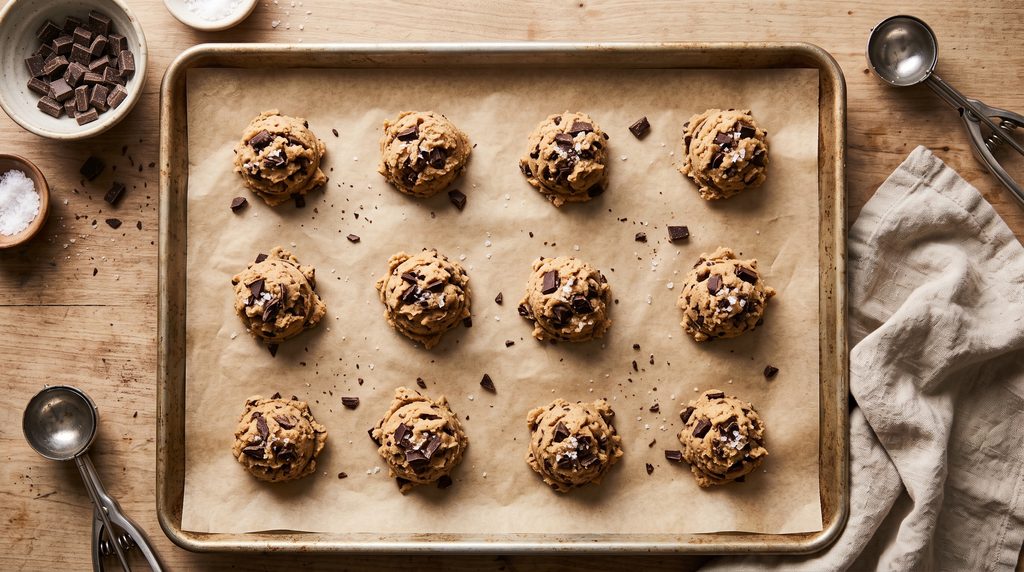 Brown Butter Chocolate Chip Cookies: Easy 5-Star Recipe 4 Baking sheet with scooped cookie dough balls studded with chopped chocolate and flaky salt.
