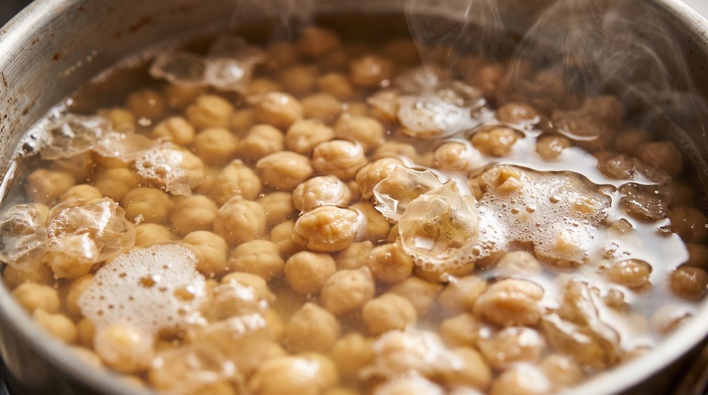 Close-up macro shot of chickpeas simmering with baking soda and loosened skins floating on water