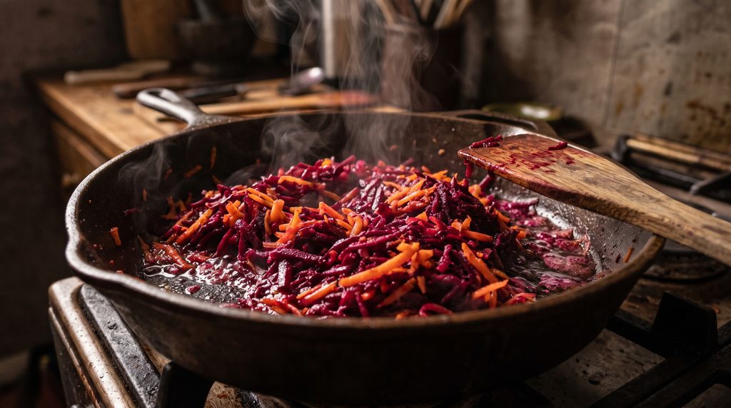 Grated raw beets and carrots cooking in a cast-iron skillet for borscht zazharka