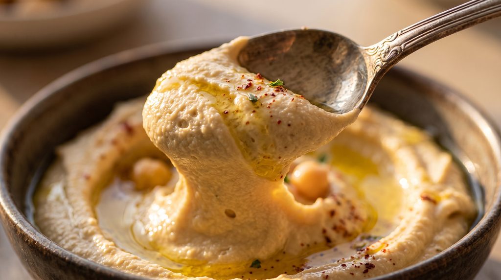 A spoon lifting a glossy ribbon of silky smooth hummus from a ceramic bowl.