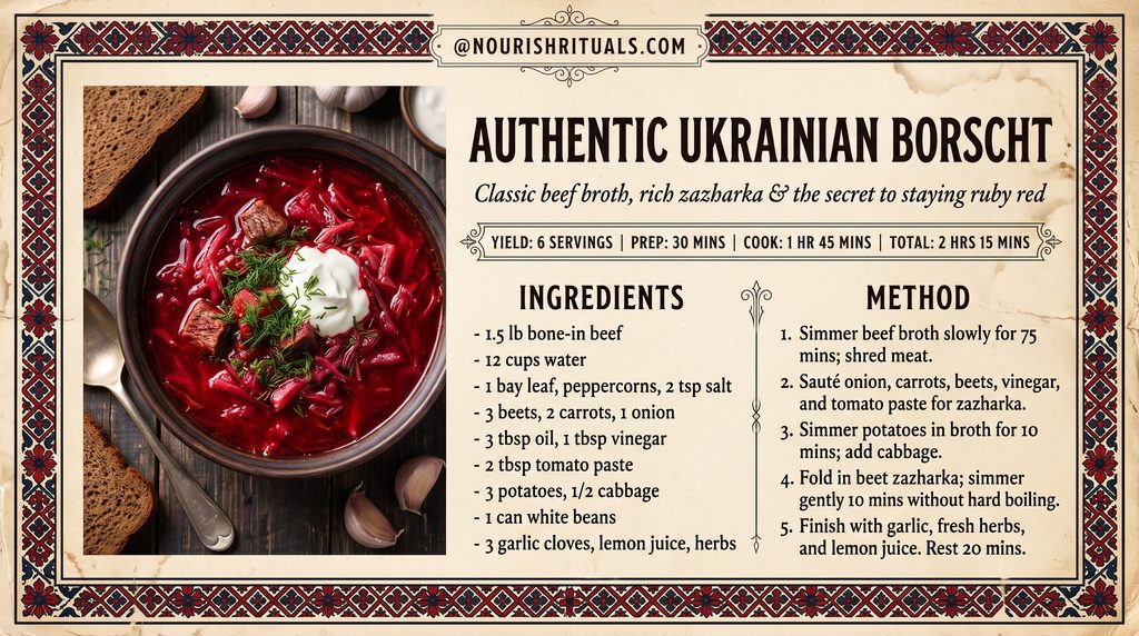 Ukrainian borscht recipe card in vintage grandmacore style showing ingredients and method