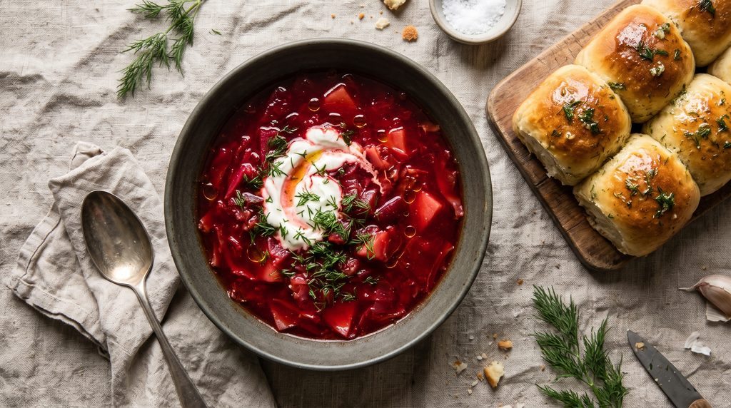  Ukrainian borscht recipe with ruby red broth in a ceramic bowl with sour cream and fresh dill