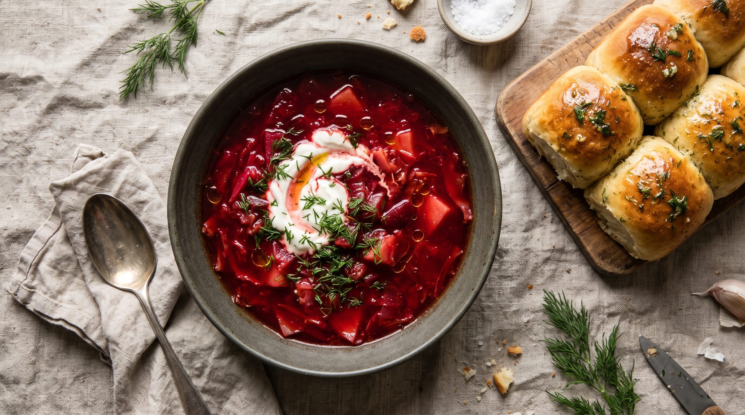 Ukrainian borscht recipe with ruby red broth in a ceramic bowl with sour cream and fresh dill