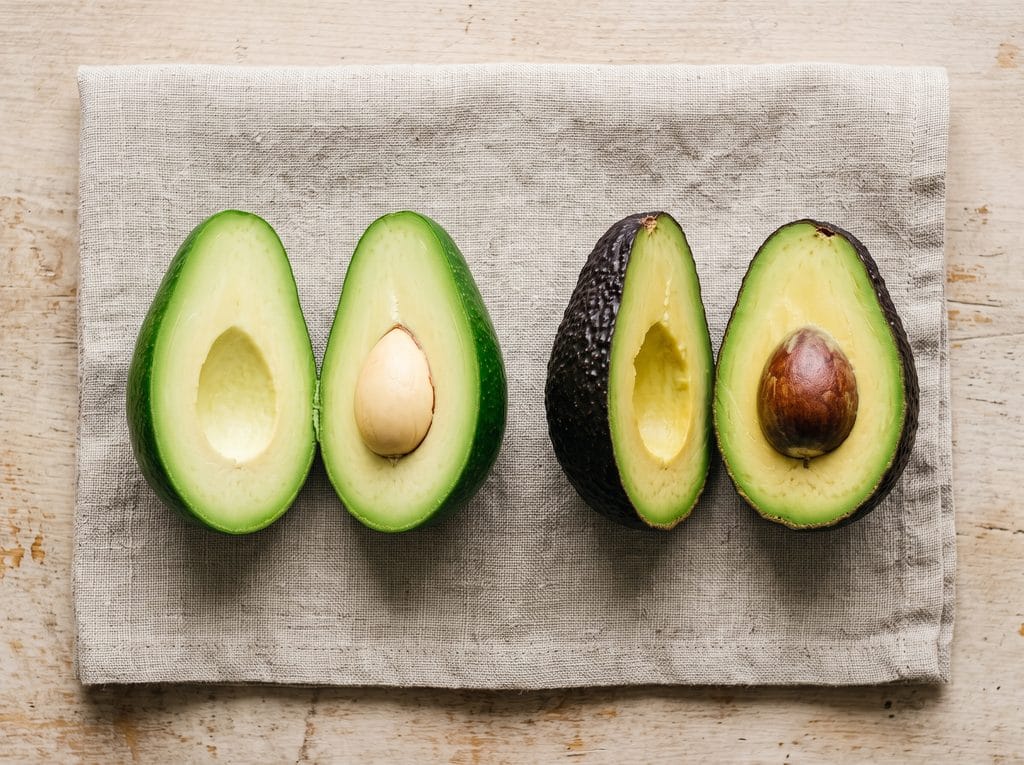 Side-by-side comparison of an unripe green avocado and a ripe dark avocado on linen.