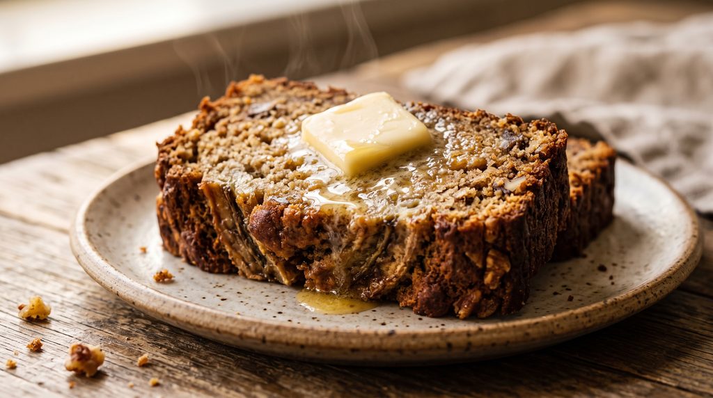 Best Banana Bread Recipe: Easy 5-Step Brown Butter Loaf 6 Warm slice of homemade banana bread with melting salted butter and rising steam.