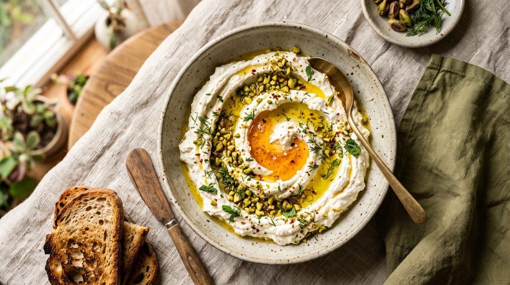 Whipped feta dip in a ceramic bowl with pooled olive oil, honey drizzle, and fresh herbs