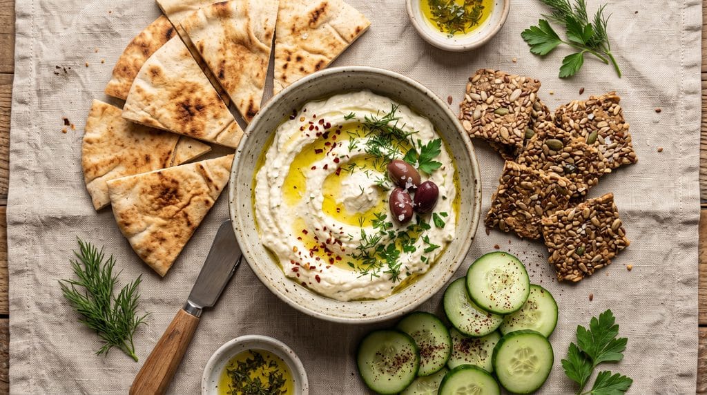 Overhead flat lay of whipped feta dip surrounded by warm pita, crackers, and cucumber slices on linen
